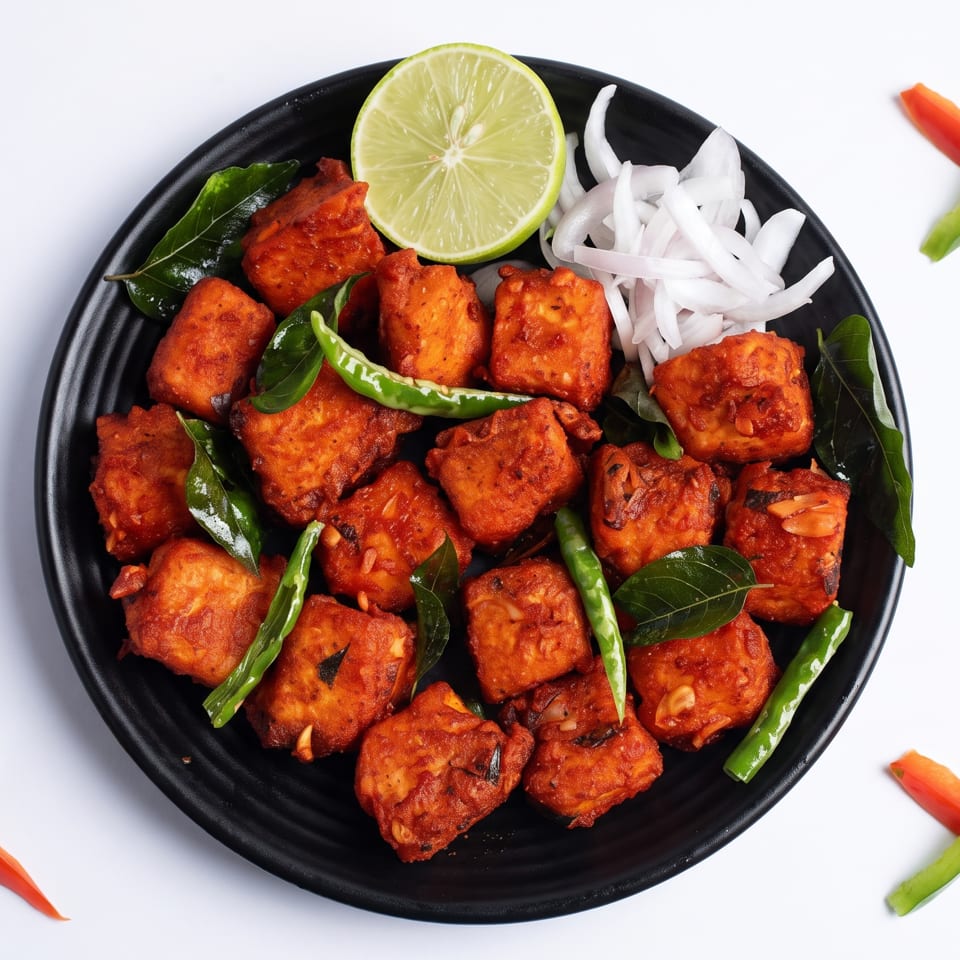 Chicken 65, a South Indian fried chicken dish, garnished with lime, onions, and chilies.