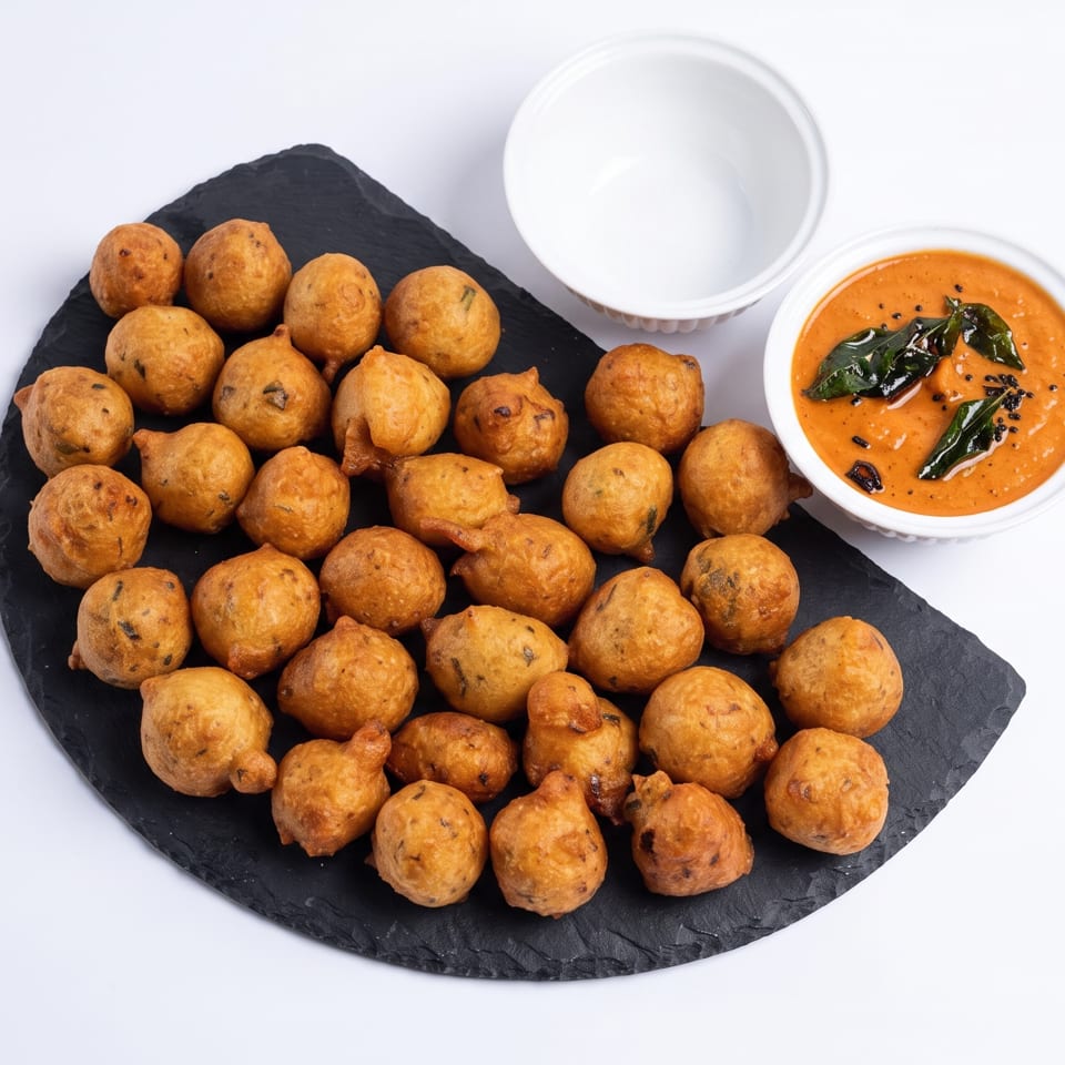 Golden brown Indian bonda fritters on a black slate, with a bowl of red chutney and an empty bowl.