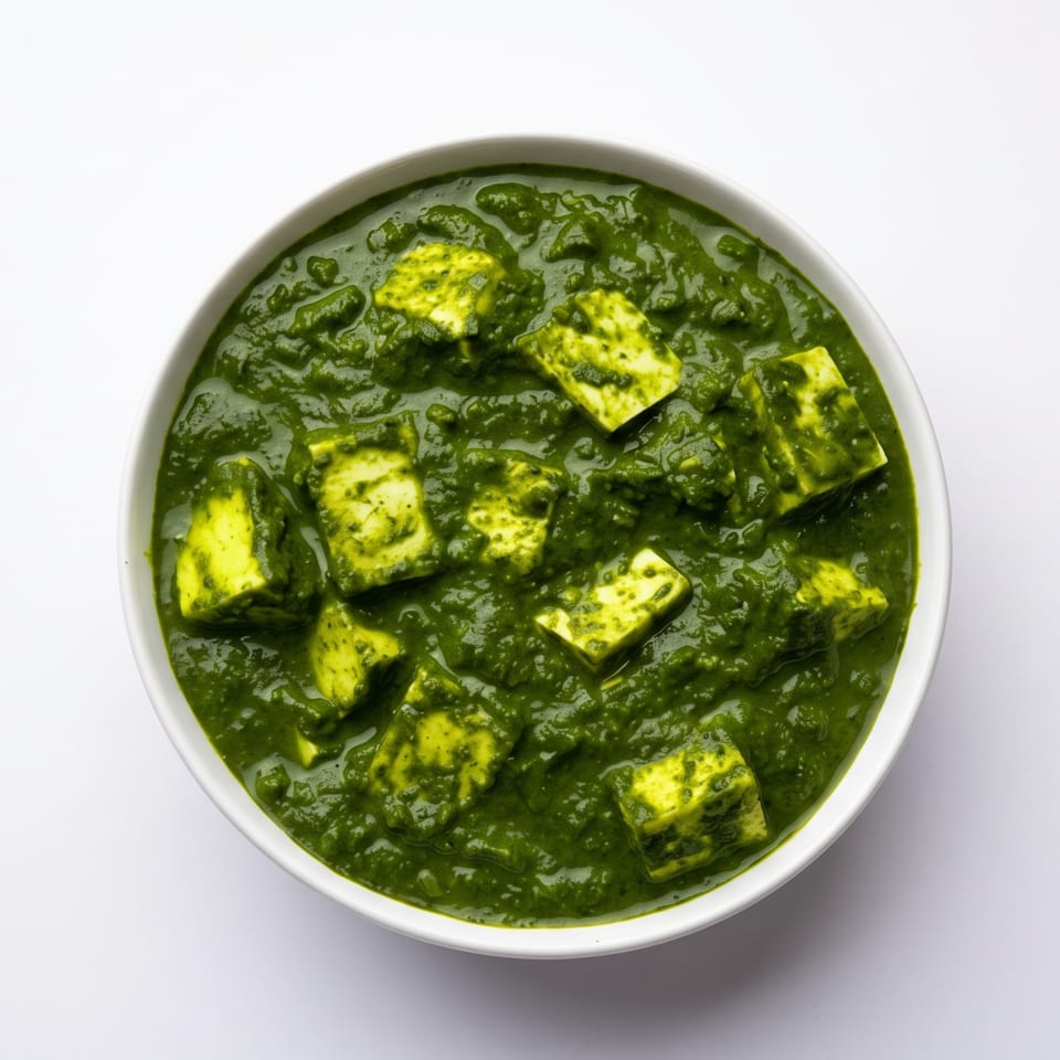 A white bowl filled with vibrant green palak paneer, featuring cubes of cheese in spinach gravy.