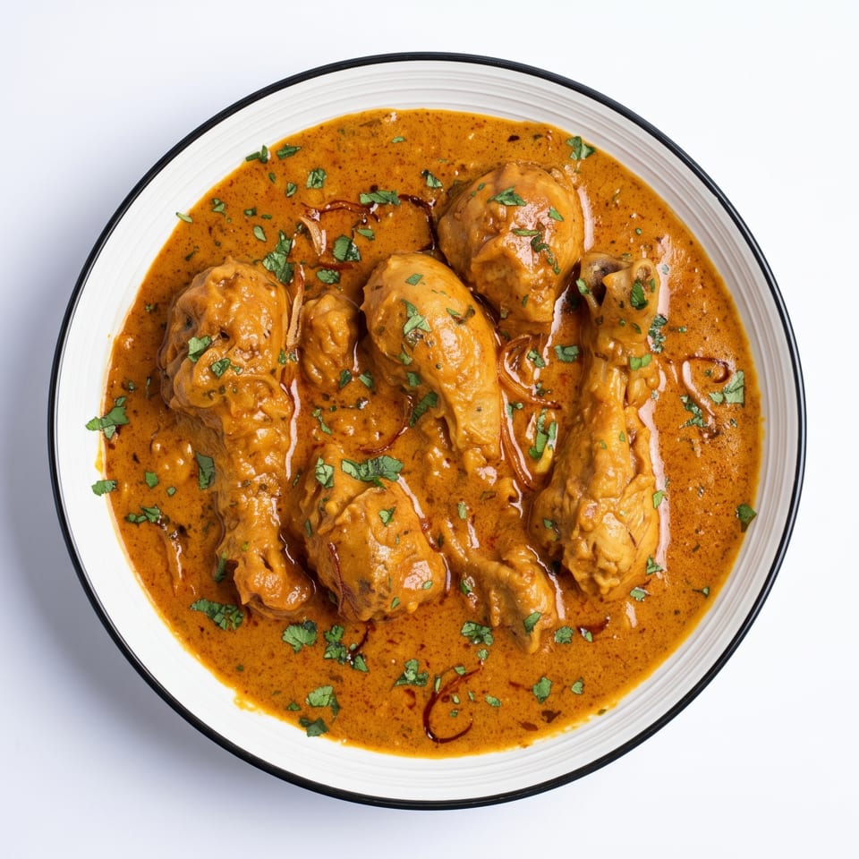 Chicken curry with drumsticks and thighs in a rich orange sauce, garnished with fresh cilantro.