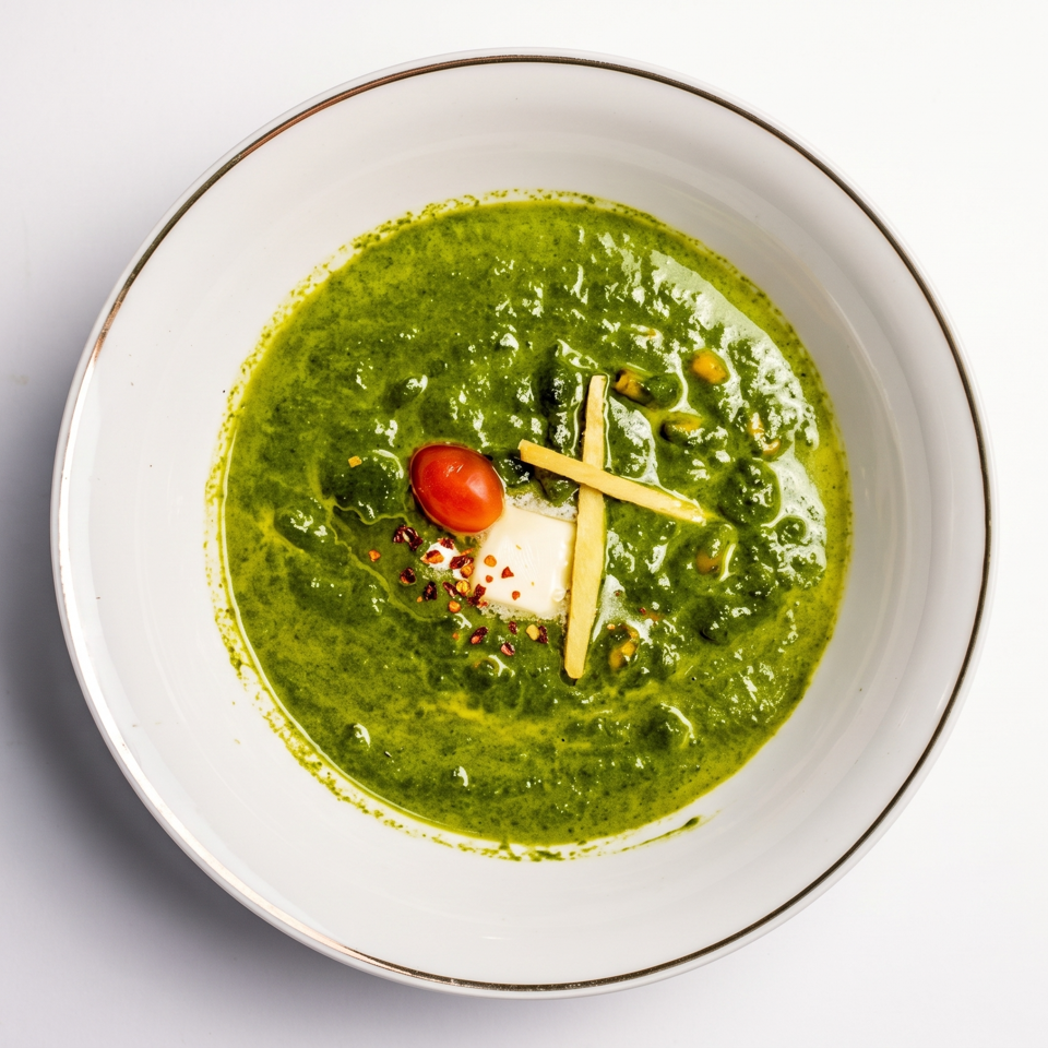 Vibrant green spinach curry in a white bowl, garnished with tomato, paneer, and ginger.
