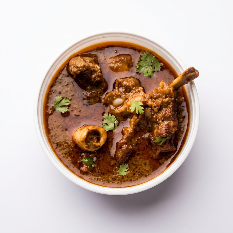 Overhead view of a white bowl filled with rich, dark brown mutton curry garnished with fresh cilantro.