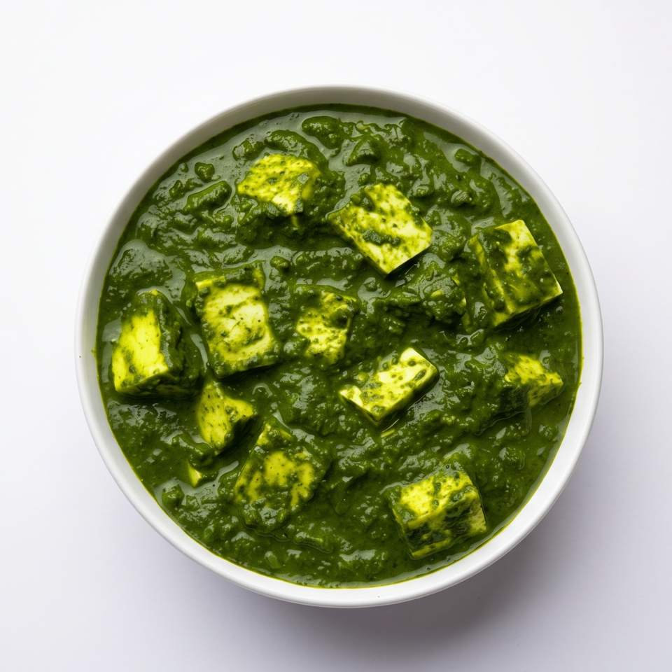 Overhead view of a white bowl filled with vibrant green palak paneer on a white background.