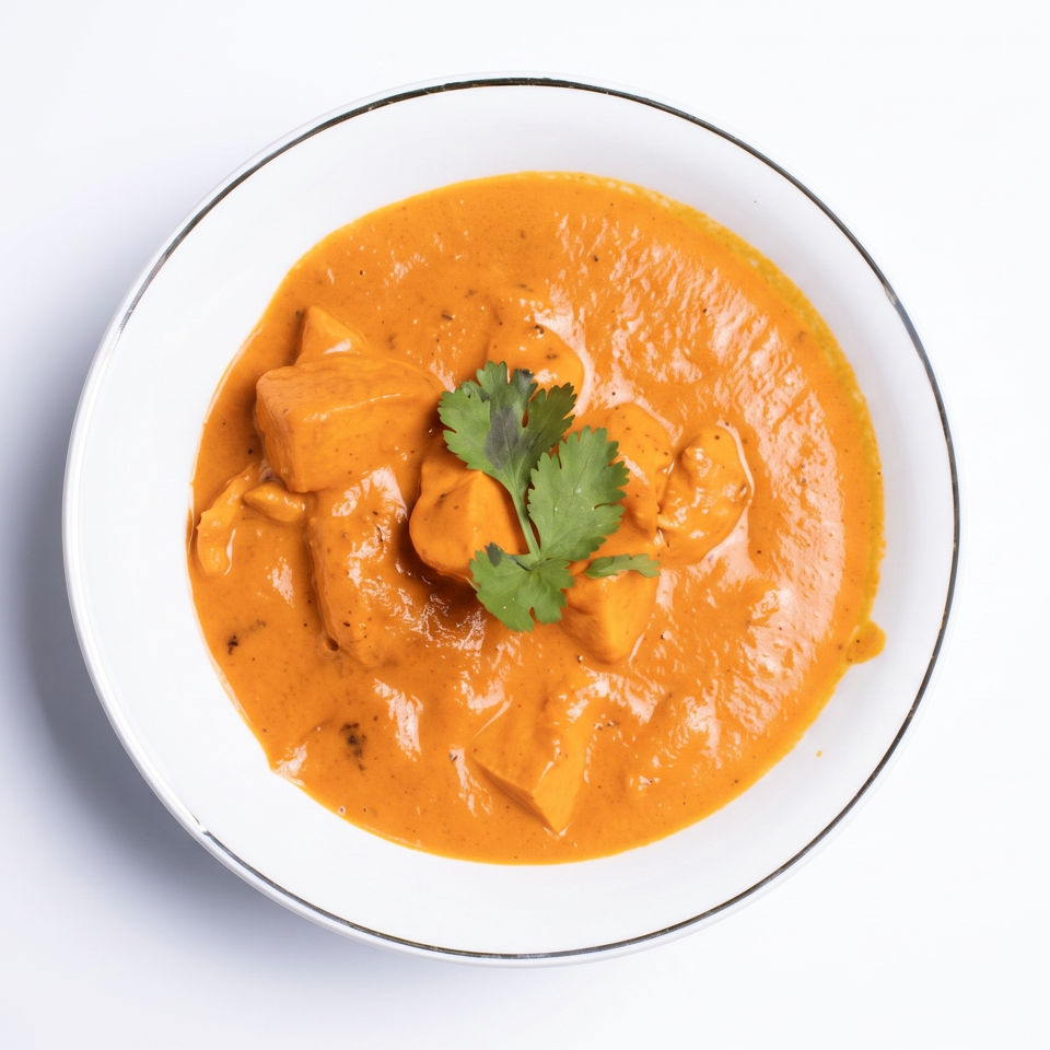Overhead view of paneer butter masala in a white bowl, garnished with fresh cilantro.