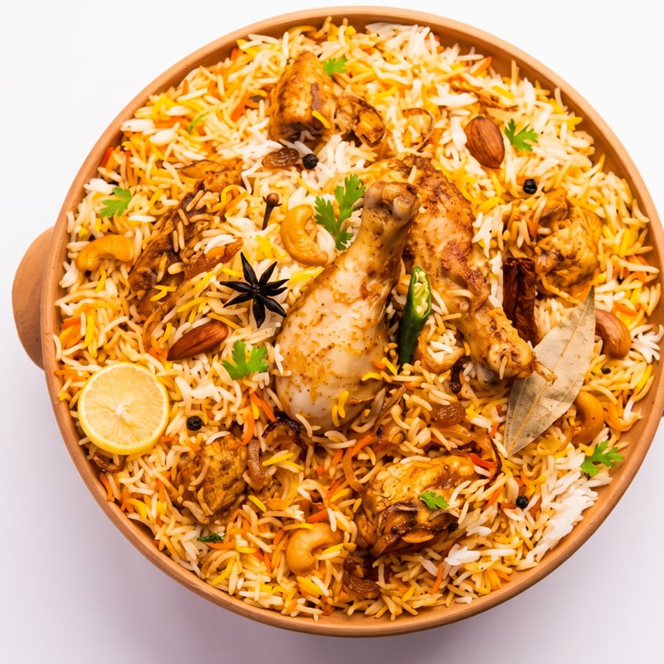 Chicken Biryani in a wooden bowl, garnished with lemon, cashews, almonds, and spices.