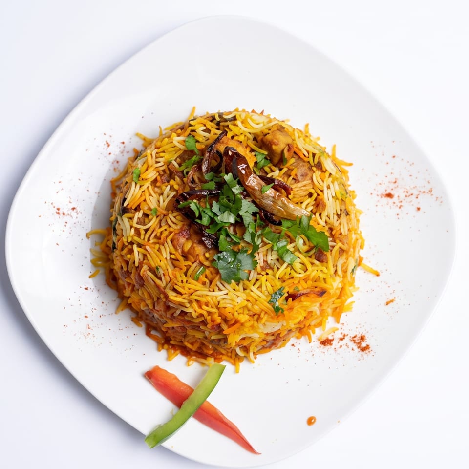 A white plate holds a mound of chicken biryani, garnished with cilantro, fried onions, and chili.
