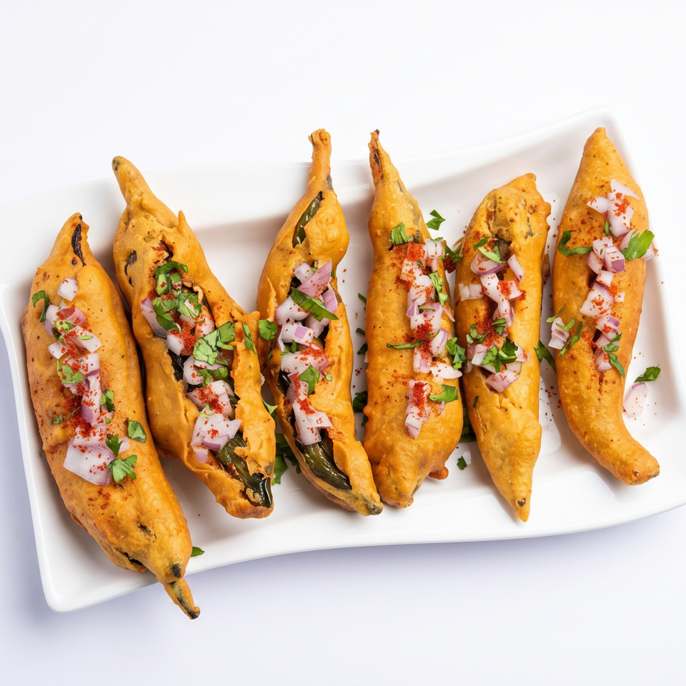 Six golden-fried chili peppers, stuffed with onions and herbs, arranged on a white rectangular plate.